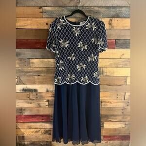 Papell‎ Boutique Navy Beaded Evening Dress Size 12